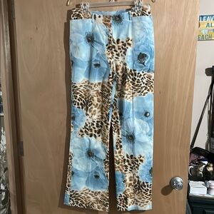 Simon Chang Blue Floral and Brown Cheetah Patterned Pants